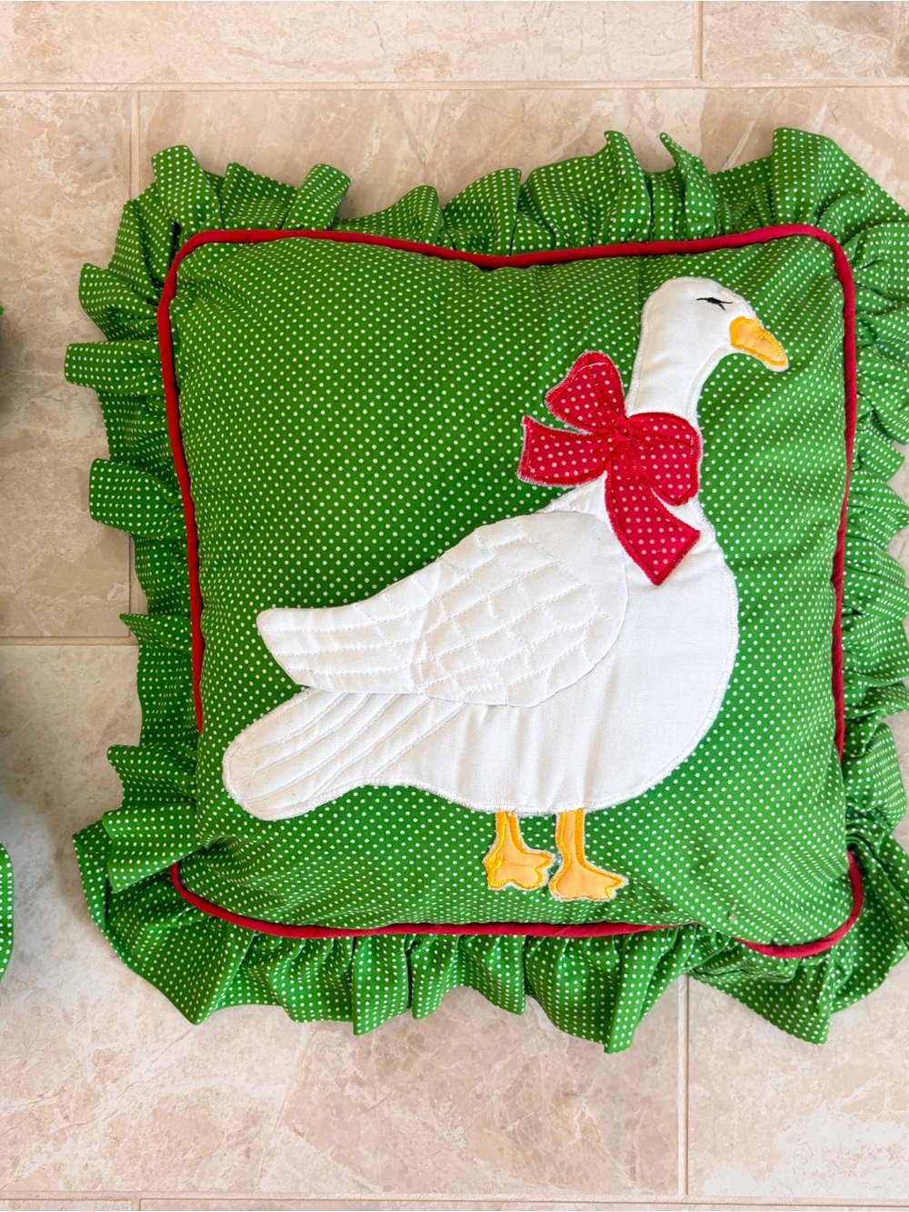 Set of Two Vintage Handmade Quilted Goose Pillows Green and White Polka Dot - Picture 4 of 16
